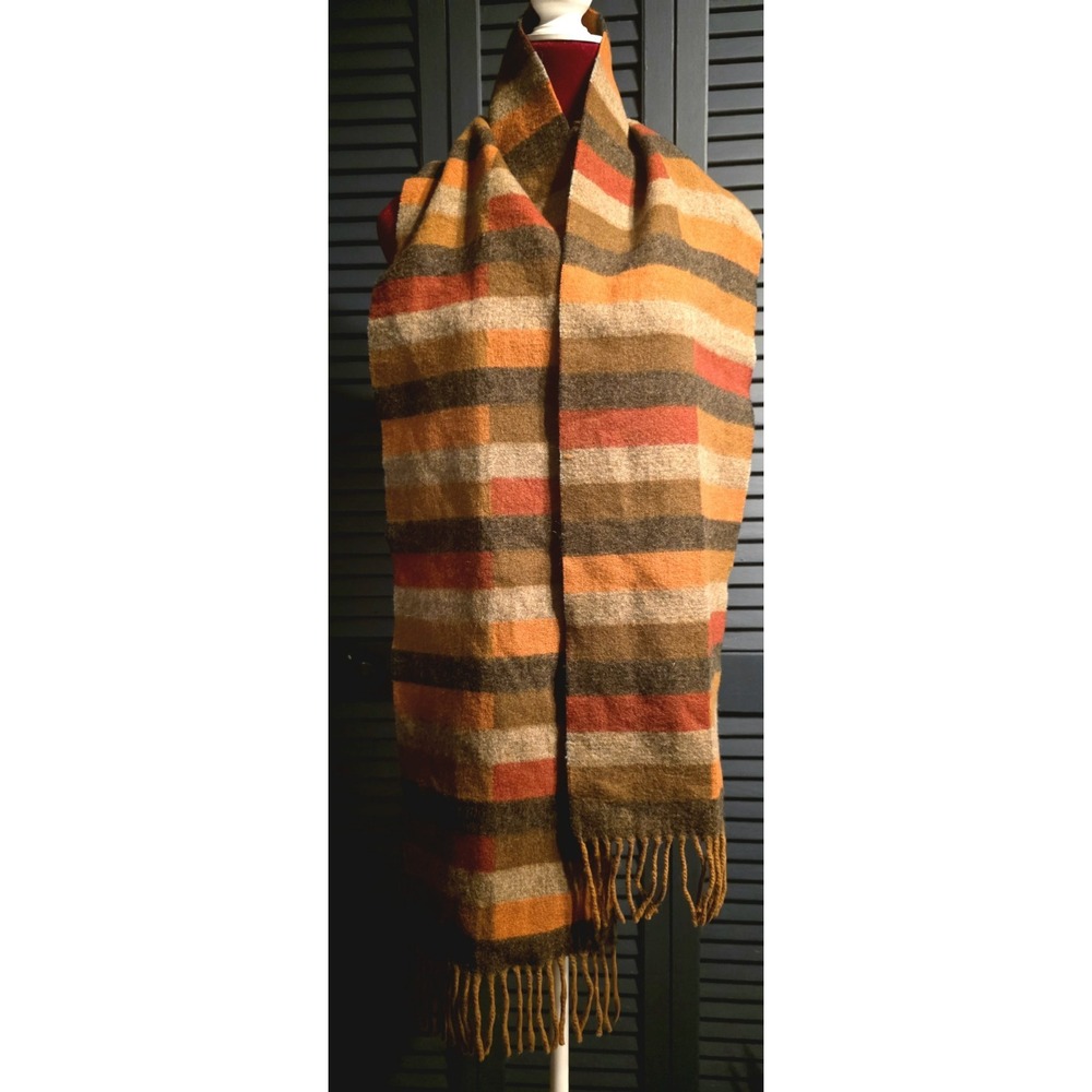 Eddie Bauer Wool & Cashmere knit scarf orange brown tan Geometric Fringe 75x10